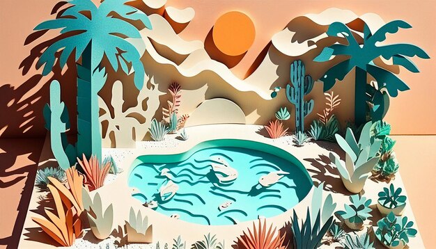 Fondo de piscina de verano en estilo de corte de papel IA generativa