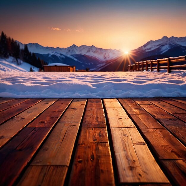 Fondo de piso de madera con fondo de nieve de invierno espacio vacío para maqueta de producto