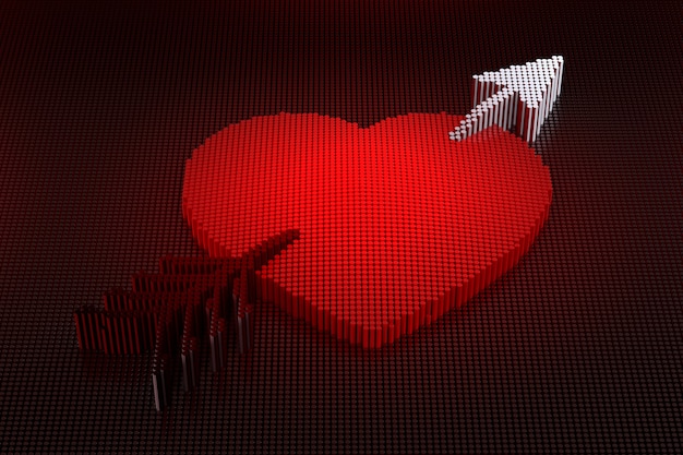 Fondo de píxeles de corazón y flecha. Representación 3D