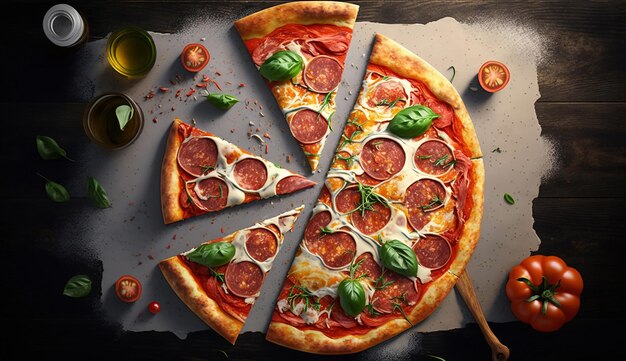 Fondo de pizza de pepperoni recién horneado Vista superior de pizza de salami caliente IA generativa