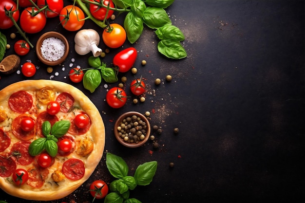 Foto el fondo de la pizza, el tomate, el queso de mesa, la comida rápida, la comida espacial, la comida italiana, la copia negra, la ia generativa.