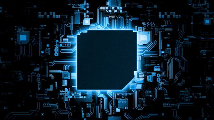 Foto fondo de placa de circuito azul brillante
