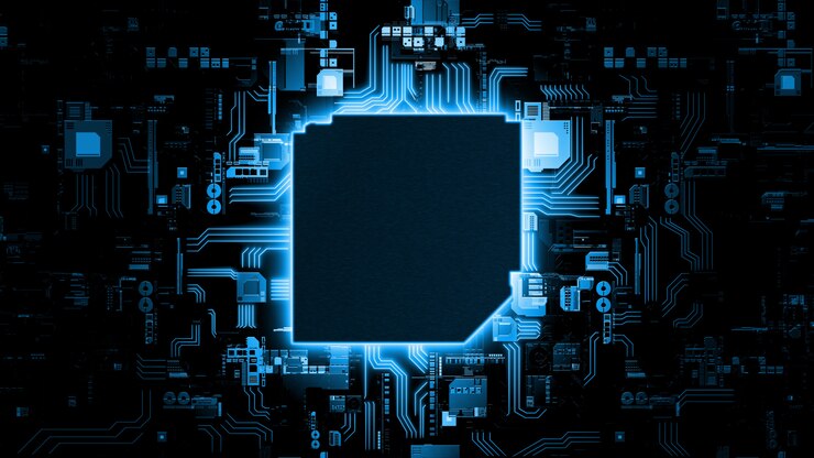 Foto fondo de placa de circuito azul brillante