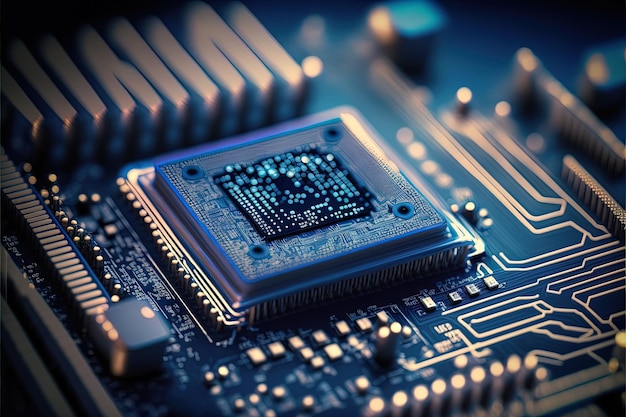 Fondo de placa madre de microchip abstracto Red de chips de computadora para inteligencia artificial seguridad cibernética diseño de concepto de big data sombra azul
