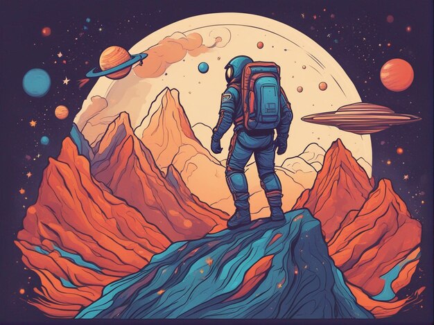 Un fondo de planeta con diseño de camiseta espacial y de astronauta.