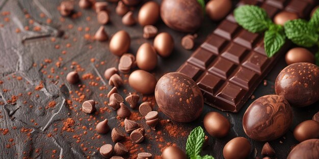 Un fondo plano del día de Pascua con ilustraciones de conejos chocolates y un amplio espacio para las vacaciones