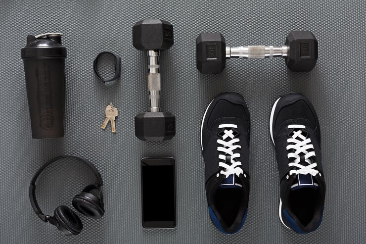 Fondo plano de fitness, equipamiento deportivo masculino para entrenamiento y atuendo. Pérdida de peso, concepto de estilo de vida saludable