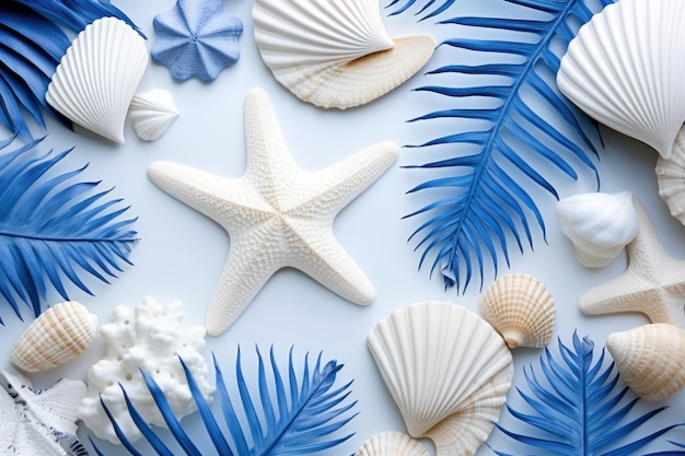 Fondo plano de vista superior azul y blanco de verano con estrellas de mar de hojas tropicales y conchas marinas generadas por IA