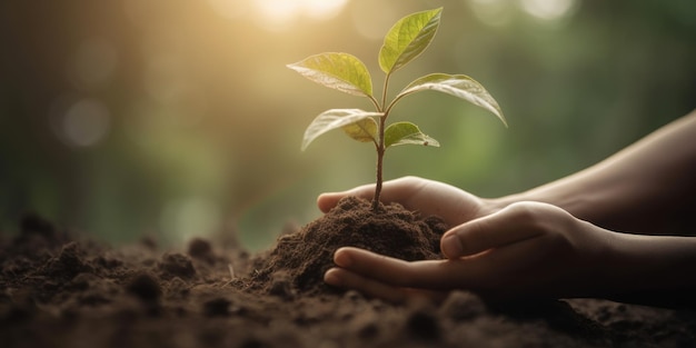 Fondo de planta de árbol de mano Día mundial del medio ambiente y Día de la tierra Ai generativo