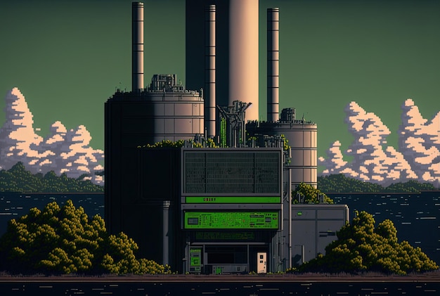 Fondo de planta de energía nuclear de pixel art en estilo retro para juego de 8 bits IA generativa