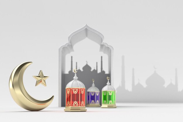 Fondo de plantilla de diseño de tarjeta de ramadan kareem de saludos islámicos 3d con hermosas linternas