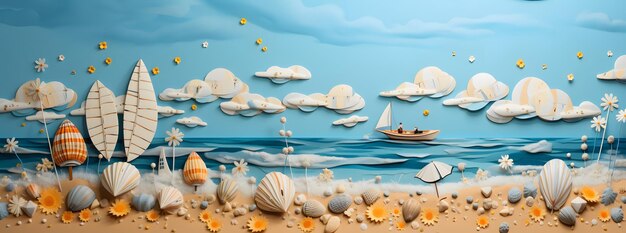 Foto fondo de playa con barcos y conchas marinas estilo de arte de papel