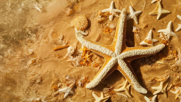 El fondo de la playa con un primer plano de estrellas de mar