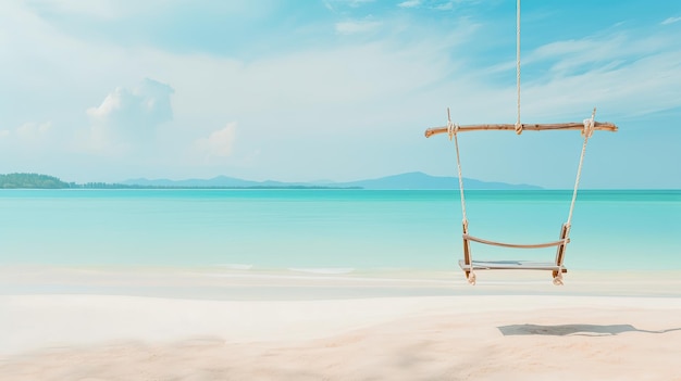 Fondo de playa tropical con columpio de playa blanca y arena blanca y pancarta de playa de mar tranquilo