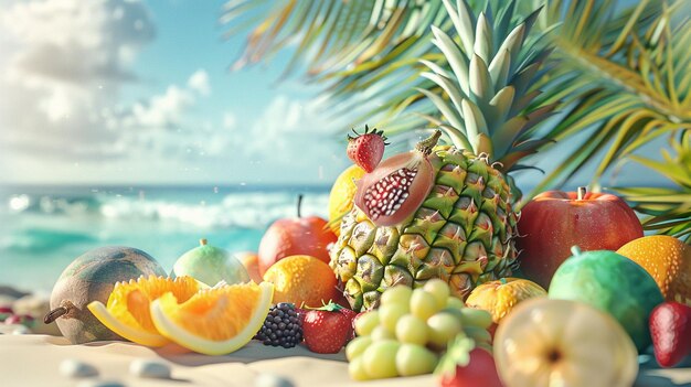 El fondo de la playa tropical con frutas exóticas