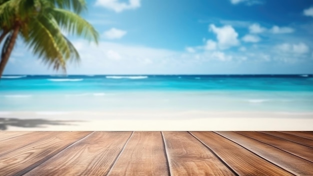 Un fondo de playa tropical con una mesa de madera vacía es un fondo de vacaciones de verano perfecto para la exhibición de productos IA generativa