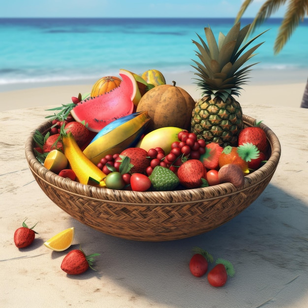 Fondo de playa tropical con palmeras y frutas exóticas