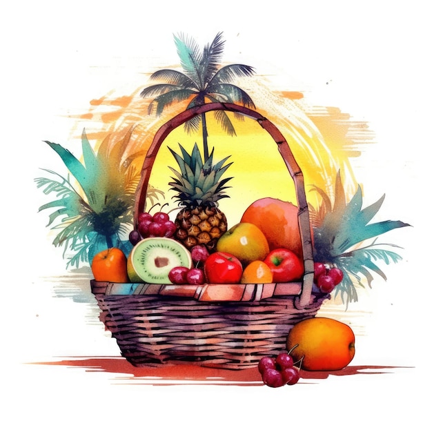 Fondo de playa tropical con palmeras y frutas exóticas