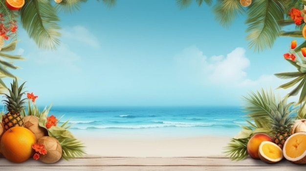 Fondo de playa tropical con palmeras y frutas exóticas