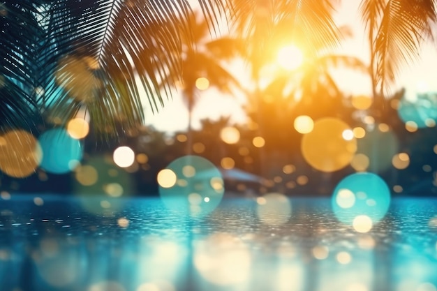 Fondo de playa tropical de verano con hojas de palma reflejos de agua con gas IA generativa