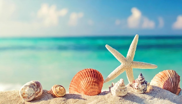 Fondo de playa de verano con conchas marinas y estrellas de mar espacio de copia