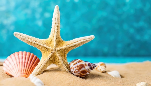 Fondo de playa de verano con conchas marinas y estrellas de mar espacio de copia