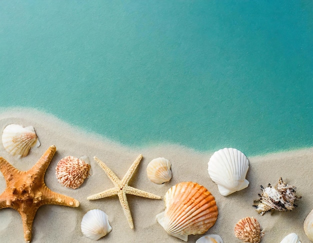 Foto fondo de playa de verano con conchas marinas y estrellas de mar espacio de copia