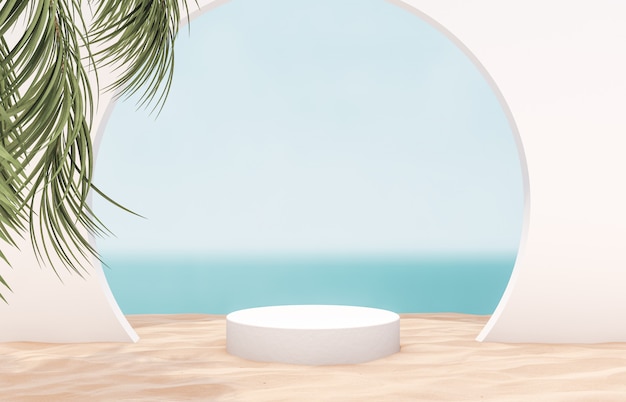 Fondo de playa de verano natural con cilindro blanco y palmera para mostrar el producto