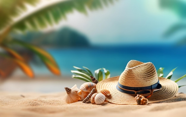 Fondo de playa de verano con sombrero de conchas marinas y hoja de palma en la arena