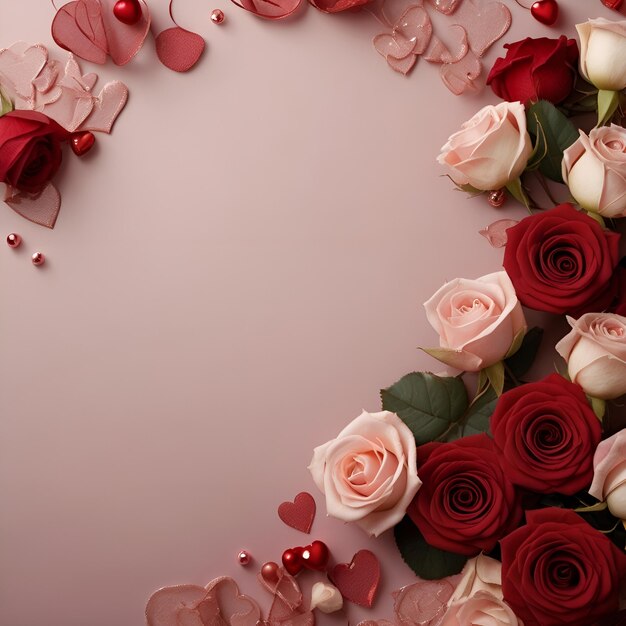 Fondo de la plaza del Día de San Valentín decorado con rosas rojas esparcidas con lugar para el texto