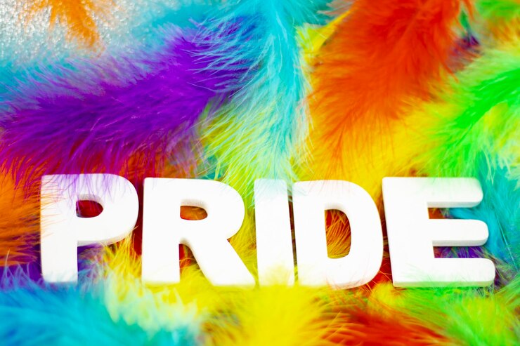 Foto fondo de plumas con los colores de la bandera del arco iris y la palabra orgullo en color blanco