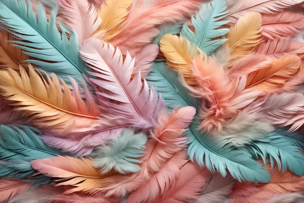 Fondo de plumas en colores pastel Papel tapiz de plumas en colores pastel Fondo de plumas Textura de plumas Patrón de plumas AI generativo