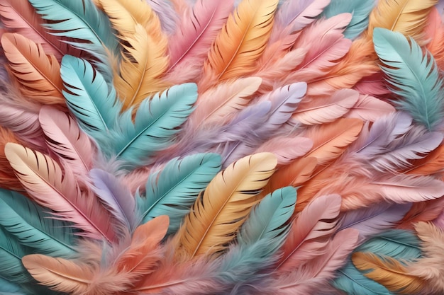 Fondo de plumas en colores pastel Papel tapiz de plumas en colores pastel Fondo de plumas Textura de plumas Patrón de plumas AI generativo