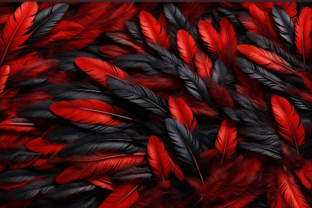 Fondo de plumas rojas y negras Papel tapiz de plumas coloridas Fondo de plumas Textura de plumas esponjosas Patrón de plumas Textura de plumas Textura de piel AI generativo