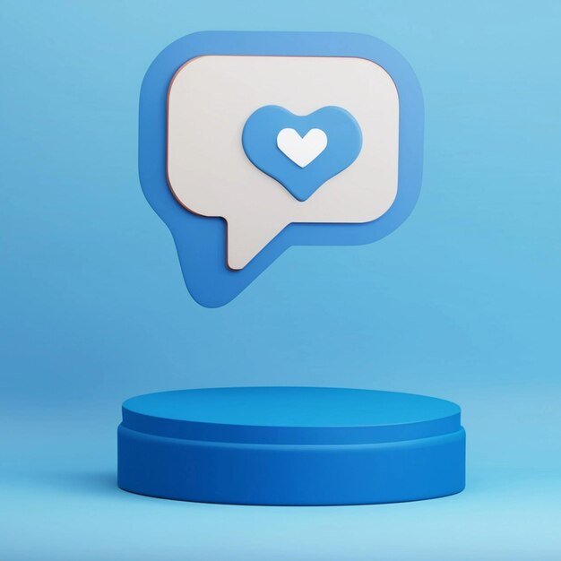 Fondo de podio 3d con un bocadillo azul y un ícono de me gusta o amor