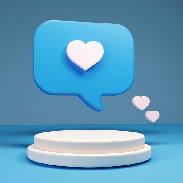 Fondo de podio 3d con un bocadillo azul y un ícono de me gusta o amor