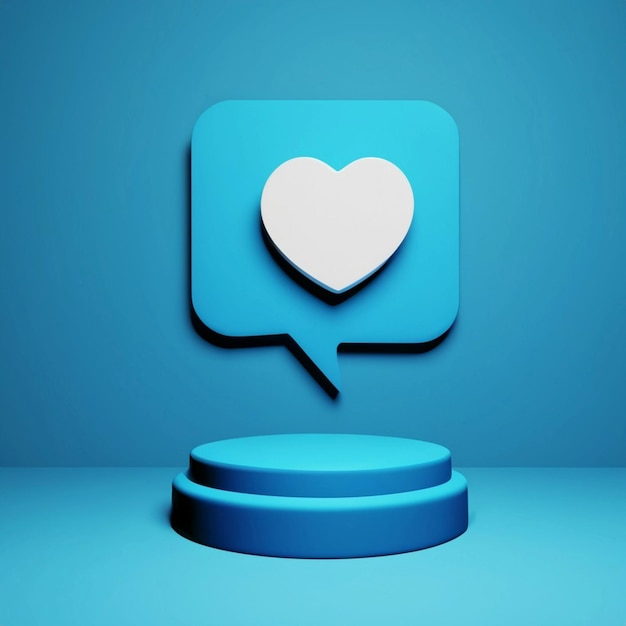 Fondo de podio 3d con un bocadillo azul y un ícono de me gusta o amor