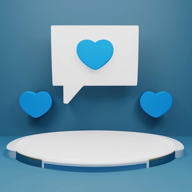 Fondo de podio 3d con un bocadillo azul y un ícono de me gusta o amor