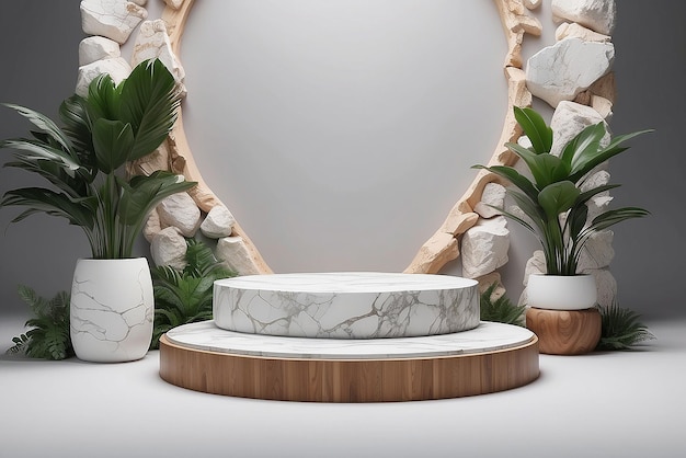 Fondo de podio de belleza natural para la exhibición de productos cosméticos Fondo para la marca de productos cosmeticos con madera de piedra y plantas