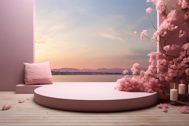 Fondo de podio de belleza natural para la exhibición de productos con fondo de cielo de ensueño escena romántica en 3D