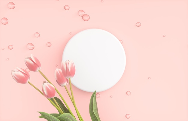 Fondo de podio de belleza natural para exhibición de productos con superficie de gotas de agua y flor