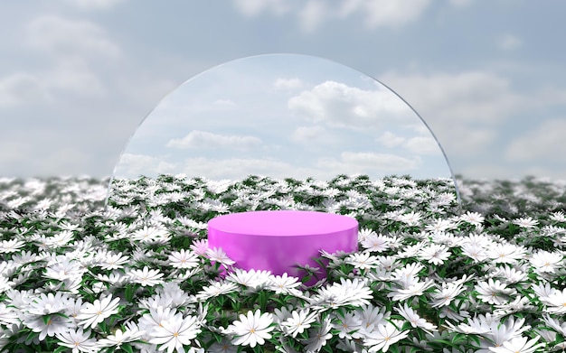 Fondo de podio de belleza natural con renderizado 3d de campo de flores