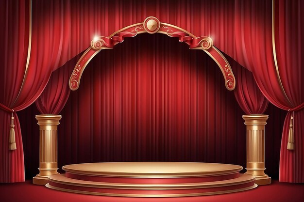 Foto fondo con podio de cortina roja y pancarta de arco retro diseño para espectáculo de concierto de presentación ilustración vectorial