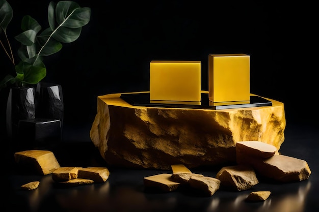 Fondo de podio cosmético de piedra amarilla cúbica natural con obsidiana en el estudio fotográfico
