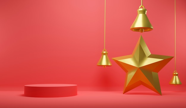 Fondo de podio de exhibición de decoración de Navidad feliz con estrellas y campanas. Representación 3d