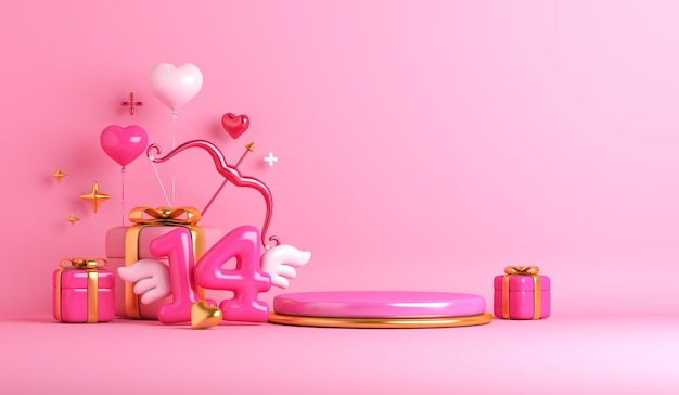 Fondo de podio de exhibición de feliz día de San Valentín con forma de corazón de flecha de caja de regalo de ala de 14 números