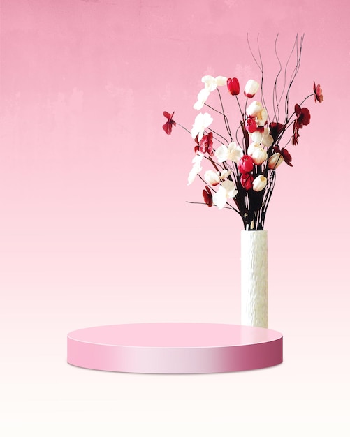 fondo de podio de madera mínimo con telón de fondo de flores para la exhibición de productos