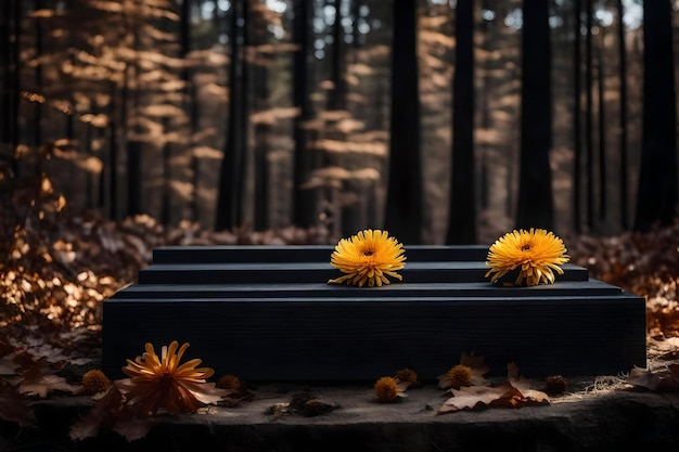 Fondo de podio de madera negra cúbica natural con crisantemo seco en el bosque