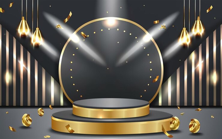 Fondo de podio de metal redondo con círculo dorado y borde dorado redondo y delgado en la parte superior