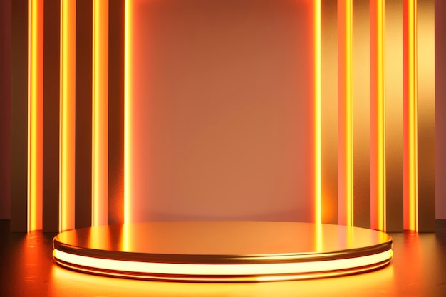 Fondo de podio moderno con líneas doradas elegantes y una plataforma de escenario iluminada perfecta para mostrar la IA generativa